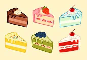 Cake slice collection in cute flat style for bakery, dessert, and food-themed designs. 