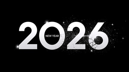 Modern futuristic 2026 design featuring bold cracked typography with sparkling particle effects on a sleek black new year celebration background
