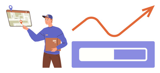 Courrier holding a package, monitoring location on a tablet map. Rising graph, progress bar indicating performance, completion. Ideal for logistics, business, delivery, efficiency growth tracking