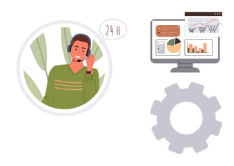 Customer support person with headset speaking, analytics dashboard on monitor, and gear showcasing productivity. Ideal for service, support, teamwork, analytics, productivity, 247 availability