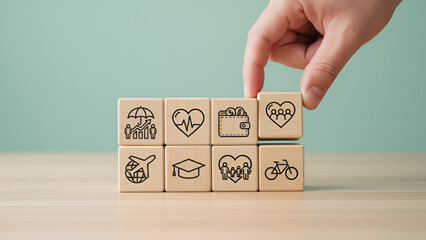 Healthcare and medical icons stacked on wooden blocks – health planning and strategy concept
