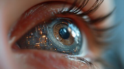 Cyborg Eye Close-up, Brown Iris with Glowing Circuit Board and Tech Components, Concept of Biological and Technological Fusion