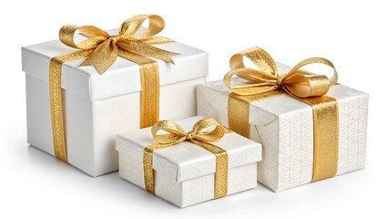 Three elegant white gift boxes of varying sizes are diagonally arranged, 