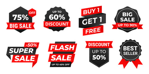 Set of Sale badges, discount labels with ribbons vector, best seller, flash sale, big sale, price tag stickers collection, promotional template designs for marketing and shopping