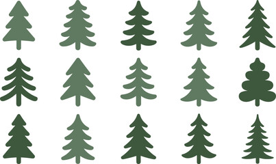 Stylized coniferous tree icons, pine forest silhouettes, evergreen nature elements, botanical design set, cad drawing flat vector illustration © Nur-Nobin Creations