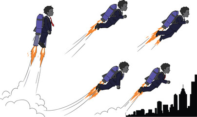 Set of five cartoon business figures flying with jetpacks above city skyline, futuristic technology illustration, innovation progress leadership concept design