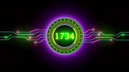The glowing Neon 1734 Sal text with screen effects of technological  background animation video. 1948 year neon text concept animation 4k. They appear through iris out effect on the black background.