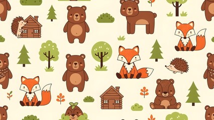 Fototapeta premium A charming seamless pattern featuring cartoon-style bears, foxes, and hedgehogs among trees, bushes, logs, and small cabins.