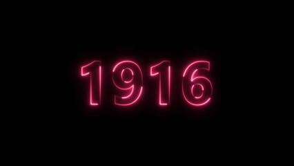 1916 Sal neon bright number magenta red color 4k illustration. Clock icon 1916-year beautiful neon text concept on black background.