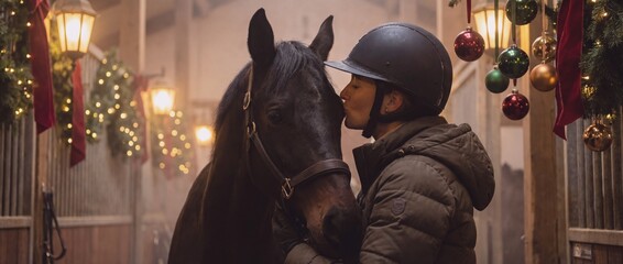 Person shares a moment with horse in stable during evening