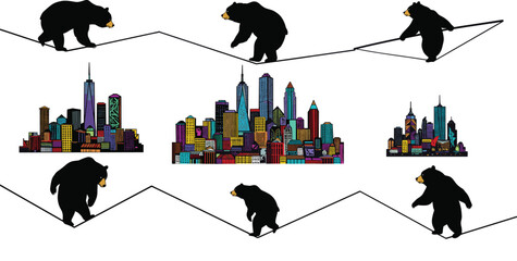 Set of six bears walking on tightropes above colorful city skylines, whimsical urban balance illustration, symbolic circus challenge concept, creative artwork design © Nur-Nobin Creations