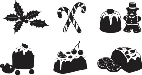 Christmas pudding silhouette set, festive holiday dessert icons, fruitcake slice vector, candy cane and holly decoration, seasonal sweet treat graphic pack