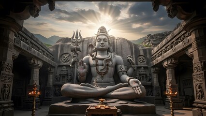 Epic Stone Statue of Lord Shiva in Ancient Temple with Dramatic Lighting and Sacred Atmosphere &ndash; Detailed Hindu Architecture, Mystical Spiritual Scene, Divine Meditation Energy