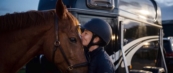 Woman interacts with horse near horse trailer at dusk