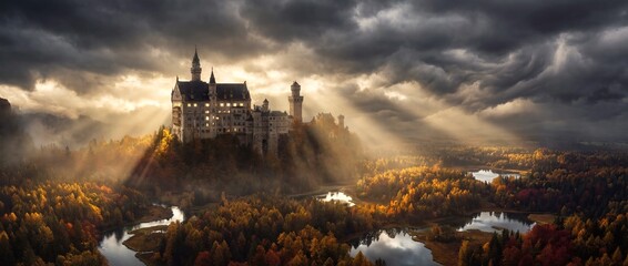 Castle stands in forest with sunlight and clouds in fall season