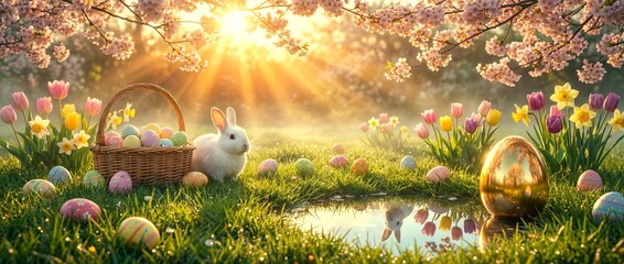 Easter celebration with bunny, eggs, and flowers in a garden