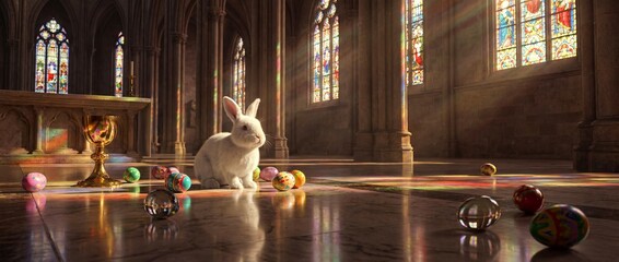 White rabbit sits in quiet church with colored eggs on floor