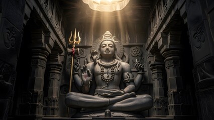 Epic Stone Statue of Lord Shiva in Ancient Temple with Dramatic Lighting and Sacred Atmosphere &ndash; Detailed Hindu Architecture, Mystical Spiritual Scene, Divine Meditation Energy