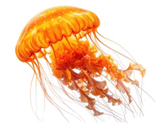Orange jellyfish pulsates, flowing tentacles, ethereal glow