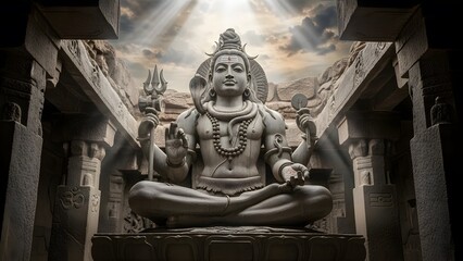 Epic Stone Statue of Lord Shiva in Ancient Temple with Dramatic Lighting and Sacred Atmosphere &ndash; Detailed Hindu Architecture, Mystical Spiritual Scene, Divine Meditation Energy