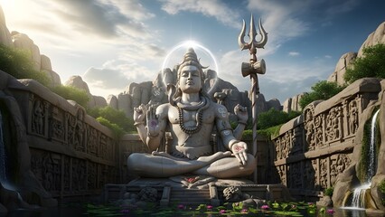 Epic Stone Statue of Lord Shiva in Ancient Temple with Dramatic Lighting and Sacred Atmosphere &ndash; Detailed Hindu Architecture, Mystical Spiritual Scene, Divine Meditation Energy