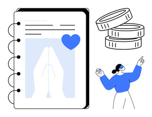 Nonprofit support, financial donations, online education, fundraiser events, virtual engagement, volunteer efforts. Notebook with hands in prayer, coins individual gesturing. Fundraising