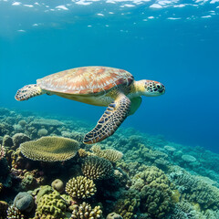 Obraz premium Majestic green sea turtle swimming in coral reef habitat