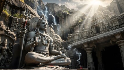 Epic Stone Statue of Lord Shiva in Ancient Temple with Dramatic Lighting and Sacred Atmosphere &ndash; Detailed Hindu Architecture, Mystical Spiritual Scene, Divine Meditation Energy