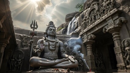 Epic Stone Statue of Lord Shiva in Ancient Temple with Dramatic Lighting and Sacred Atmosphere &ndash; Detailed Hindu Architecture, Mystical Spiritual Scene, Divine Meditation Energy