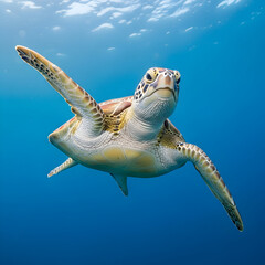 Obraz premium Hawksbill sea turtle swimming gracefully in blue ocean waters