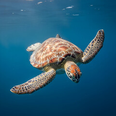 Obraz premium Hawksbill sea turtle swimming gracefully in deep blue ocean