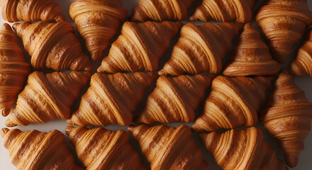 Enjoy fresh baked croissants arranged for a delicious pastry shop display, tempting bakery treats for a breakfast menu or cafe promotion, golden brown perfection