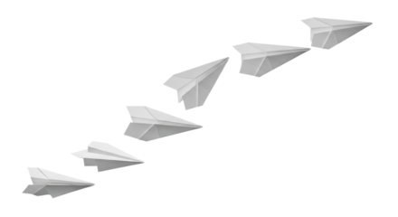 Five sharp, detailed, white origami paper airplanes in a dynamic ascending arc, captured in frozen motion against a high-key, minimalist transparent studio background with copy space. Concept of