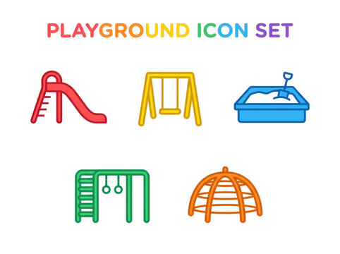 Colorful Playground Icon Set Featuring Various Play Equipment for Children.