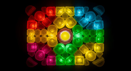 Vibrant rainbow candy arrangement glowing against a dark background, perfect for abstract design projects, colorful backgrounds, and fun party themes
