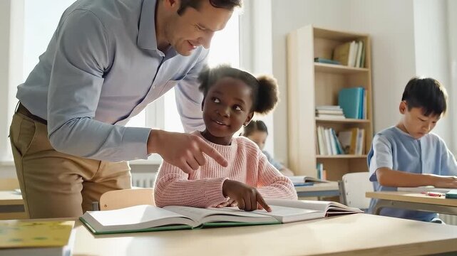 Engaging classroom scene with teacher assisting young girl in learning, showcasing interaction and focus, camera pans and zooms in on the action