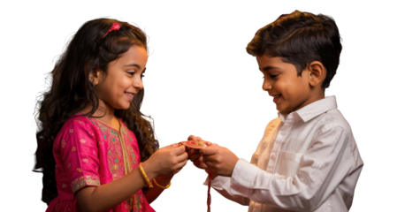 Brother and sister exchanging rakhi isolated on a transparent background