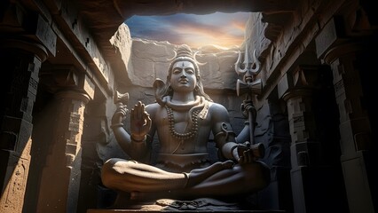 Epic Stone Statue of Lord Shiva in Ancient Temple with Dramatic Lighting and Sacred Atmosphere &ndash; Detailed Hindu Architecture, Mystical Spiritual Scene, Divine Meditation Energy