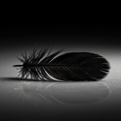 Fototapeta premium Detailed macro shot of a single raven black feather resting on a smooth surface, emphasizing texture, softness, and dramatic lighting ,lightweight ,natural ,airiness