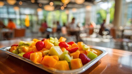 Fresh, colorful mixed fruit salad with melon, papaya, and strawberries on a tray in a bright cafeteria