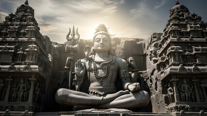 Epic Stone Statue of Lord Shiva in Ancient Temple with Dramatic Lighting and Sacred Atmosphere &ndash; Detailed Hindu Architecture, Mystical Spiritual Scene, Divine Meditation Energy