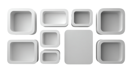 Modular matte light grey wall shelf grid with open storage boxes on white background