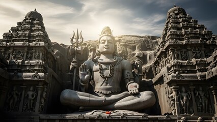 Epic Stone Statue of Lord Shiva in Ancient Temple with Dramatic Lighting and Sacred Atmosphere &ndash; Detailed Hindu Architecture, Mystical Spiritual Scene, Divine Meditation Energy