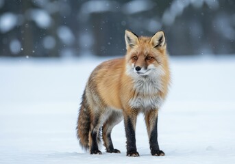 Obraz premium A majestic wild red fox stands alertly in a pristine, snowy landscape, showcasing its thick, insulating winter fur coat ,looking ,white ,red fox