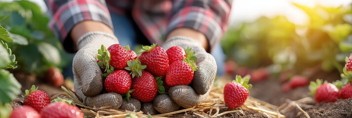 Harvesting fresh organic strawberries from farm brings joy and satisfaction. vibrant red berries symbolize hard work and dedication of farmers nurturing their crops