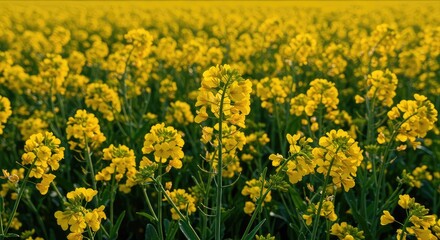 Fototapeta premium A vibrant field of lush yellow blooms under the bright midday sun, showcasing the beauty of natural flora and the happiness of bright color ,growth ,Yellow ,vibrant