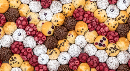 Indulge in sweet temptations with a delightful arrangement of muffins and raspberries perfect for baking promotions and delicious food photography