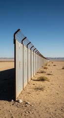 Obraz premium A weathered security wall stretches across a barren, sun-baked landscape, symbolizing perimeter defense and constant vigilance in the arid south ,vigilance ,barrier ,watch