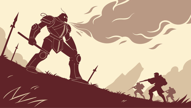 A towering armored warrior facing a small group of soldiers