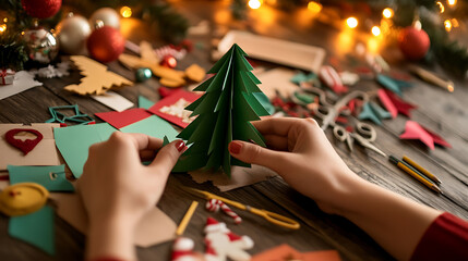 A person crafts a small paper Christmas tree, surrounded by festive materials on a wooden table with warm holiday lights in the background, creating a cozy scene.